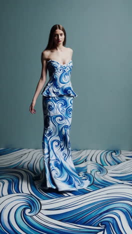 woman in blue and white wave pattern dress