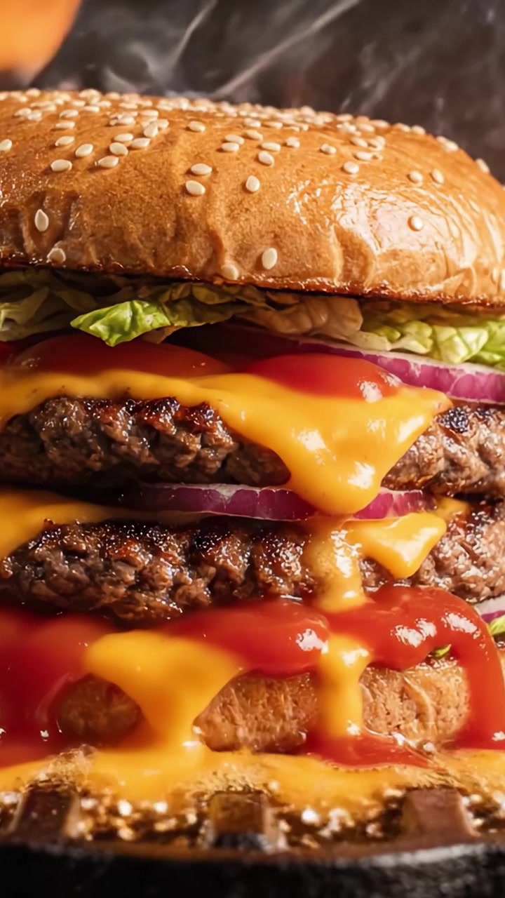 Una deliciosa hamburguesa triple con queso, con jugosas hamburguesas de carne, queso derretido, lechuga fresca y sabrosos condimentos, perfecta para satisfacer cualquier antojo.