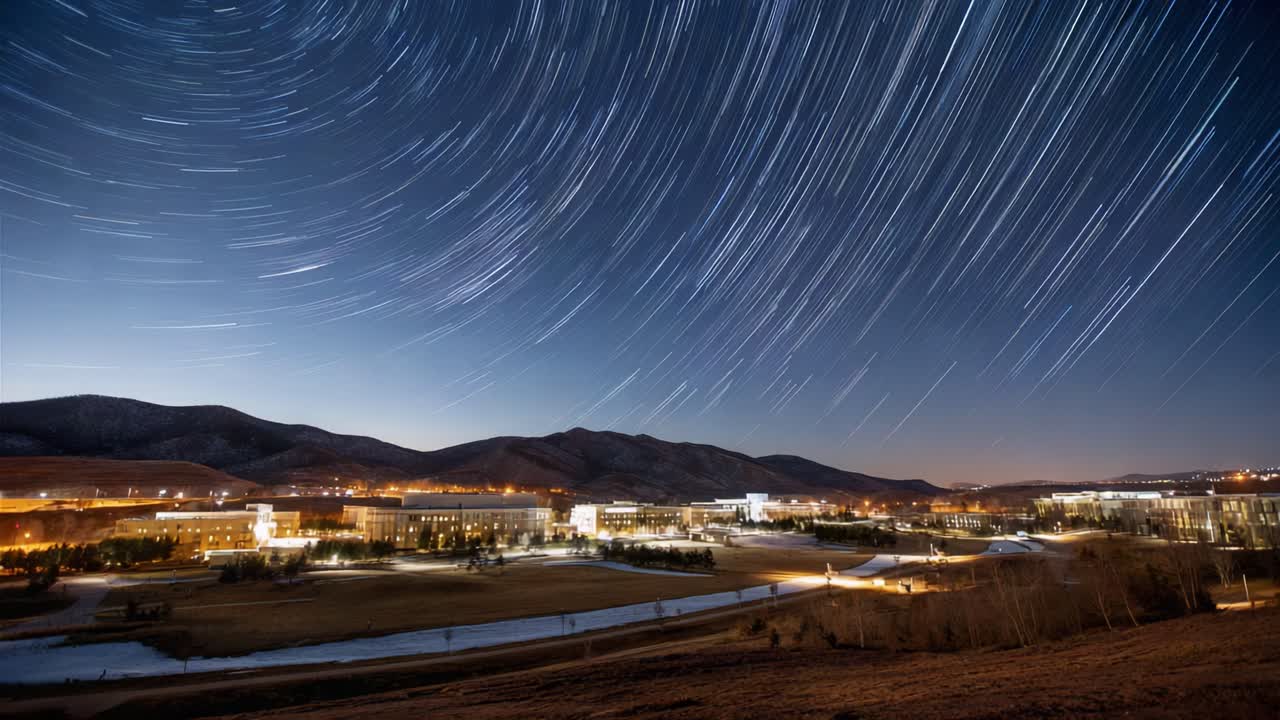 Scie stellari sopra un paesaggio montuoso che mostrano una scena urbana notturna con edifici illuminati e un cielo dinamico di stelle filanti in movimento