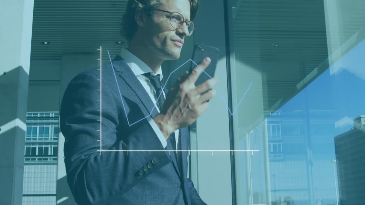 animación de gráfico sobre hombre caucásico de pie y haciendo una llamada usando teléfono inteligente en la oficina