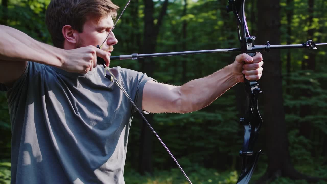 A cinematic video still of an archer in a sunlit forest, captured from a side angle