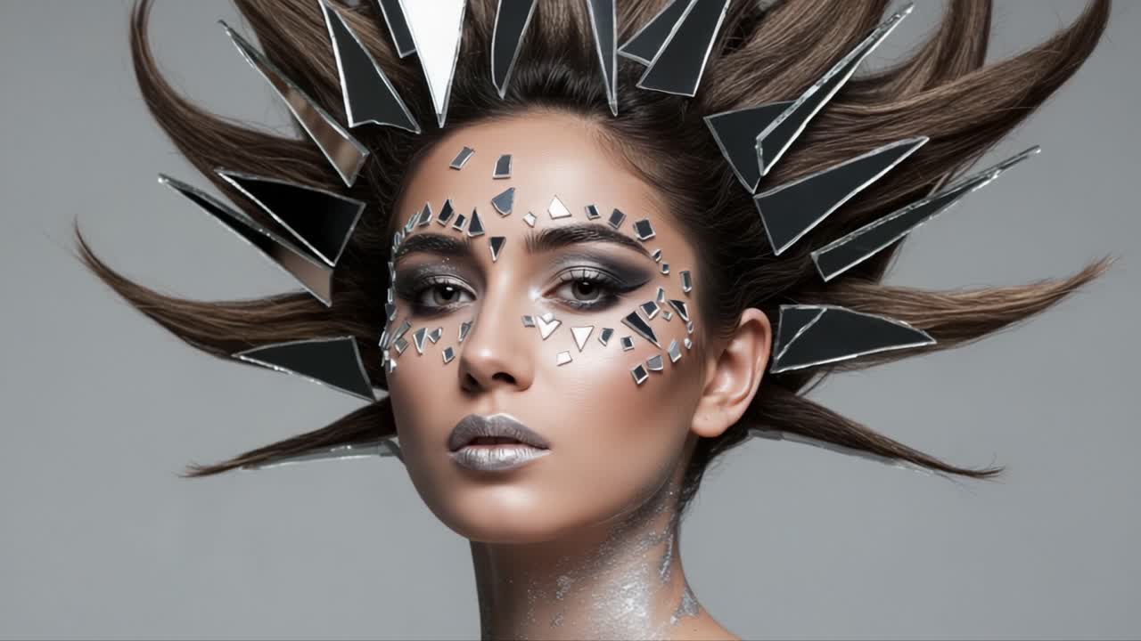 A Stunning Portrait of a Model with Reflective Facial Art and Dramatic Hair Accessories, Showcasing Innovative Beauty and Fashion Styles in Artistic Photography