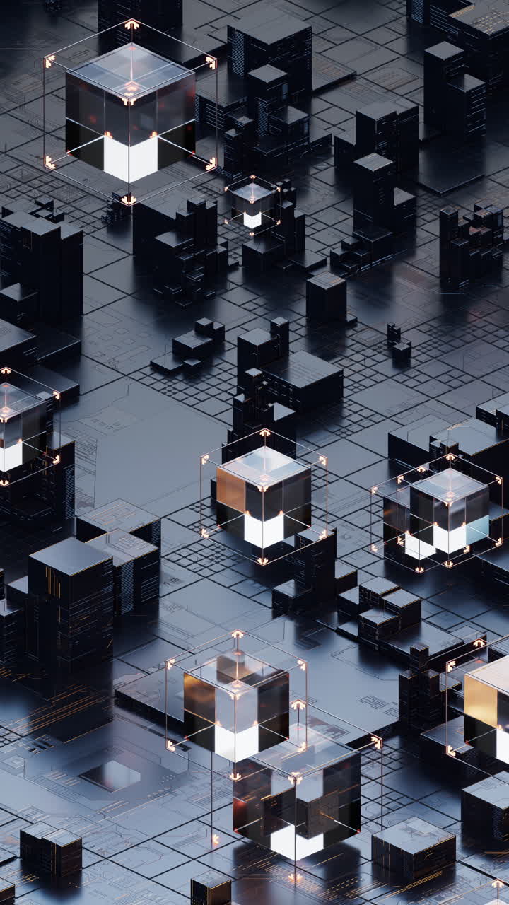 Metallic cube circuit board, 3d rendering.