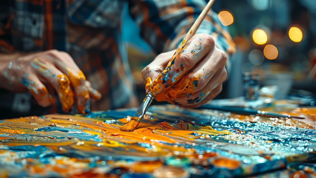 Artist paints in studio. A person paints on a canvas with bright colors while working in a studio during evening hours