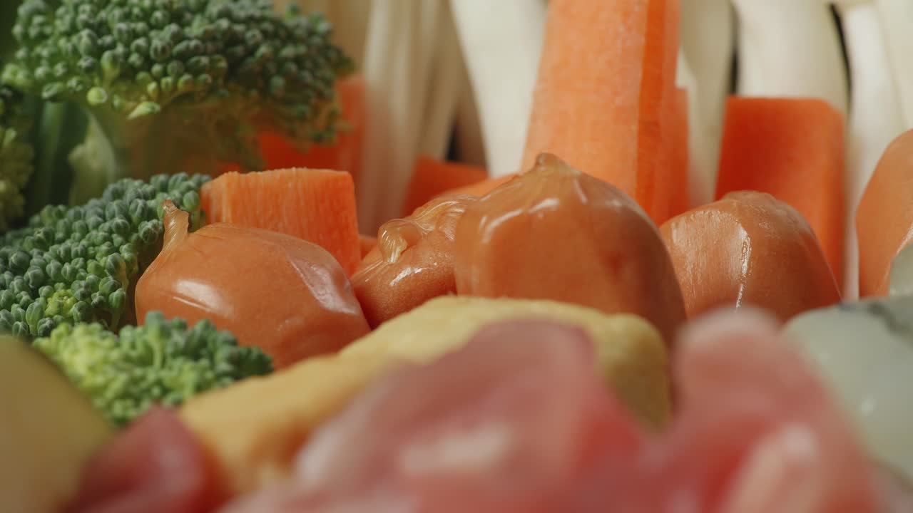 샤부 재료의 근접 촬영이 회전하고 있습니다.