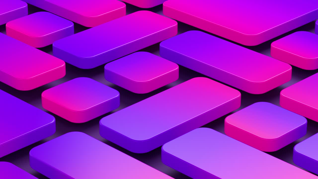 Abstract minimalistic background. Colorful gradient violet-pink glossy squares with rounded edges on a black background. For advertising, poster, branding, web. 3D animation of seamless loop. 4K UHD