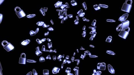 volando muchos candados de plata en fondo negro. concepto de seguridad o protección secreta. animación 3d de candados girando. animación de bucle.