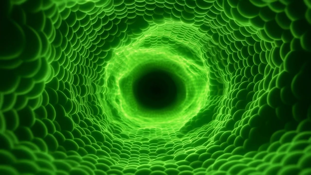 Animated green spiral tunnel shows repeating curved layers flowing toward dark center, with bright neon-like glow, symmetrical composition, and smooth motion creating abstract visual depth.