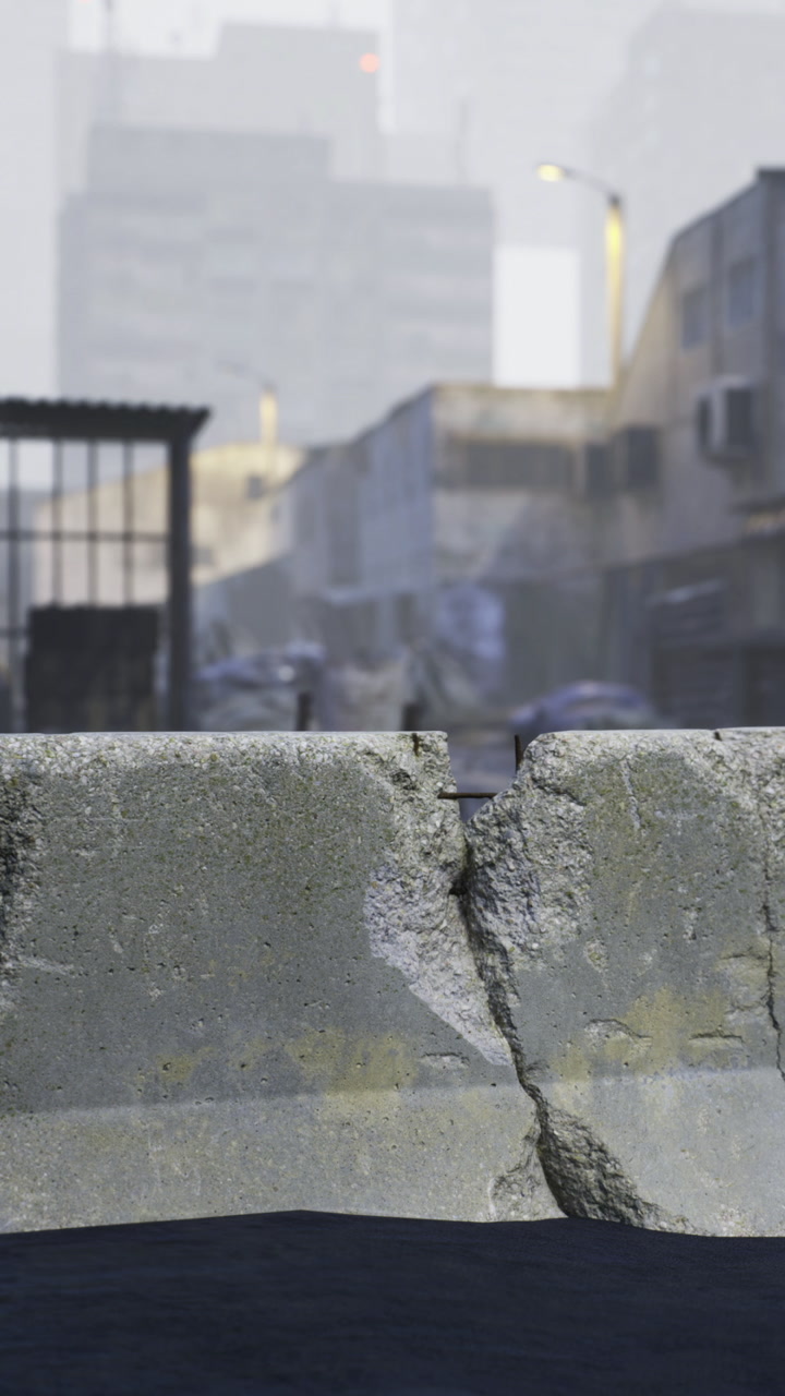 Concrete barrier isolates street view of urban landscape shrouded in fog