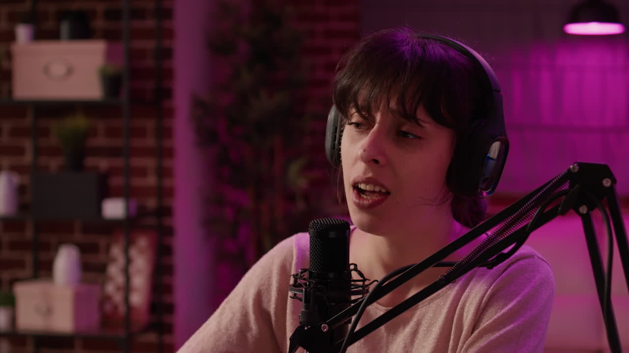 Woman influencer recording podcast using digital video camera for vlog post on social media