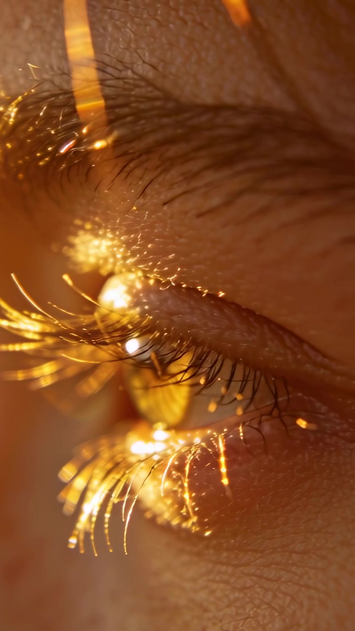 Video verticale: Palpebra di donna che si abbassa sotto una luce calda, ciglia che scendono, iride dorata che svanisce.