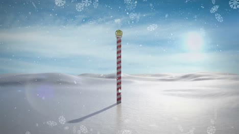 Animation-of-snow-falling-over-winter-scenery-with-north-pole-sign