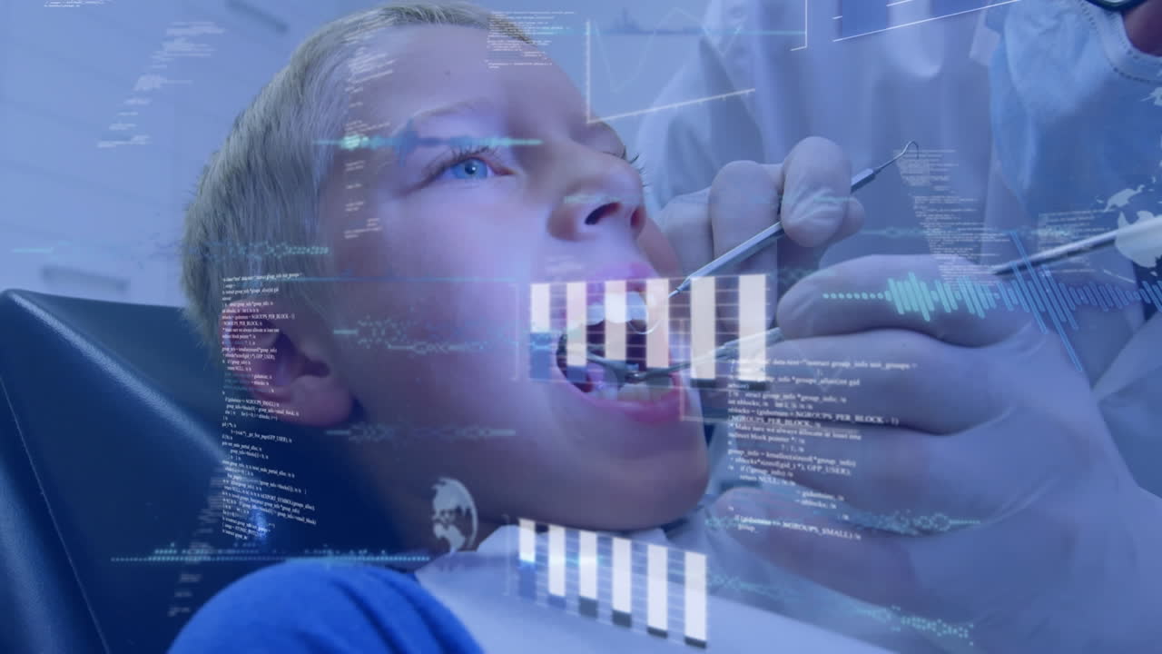 animación del procesamiento de datos sobre el niño en la silla del dentista