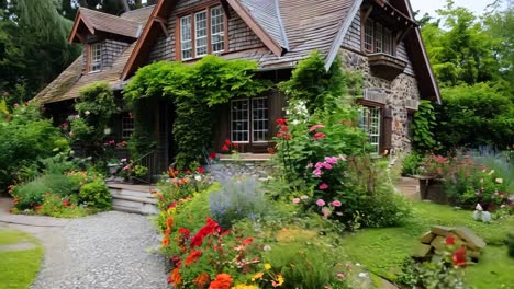 a house with a garden of flowers in front of it