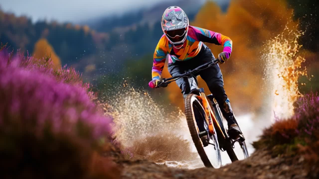 Dynamic Mountain Biker Navigates Vibrant Trail Amidst Autumn Colors, Showcasing Skill and Speed in an Exciting Off-Road Adventure with Splashes of Water and a Scenic Background