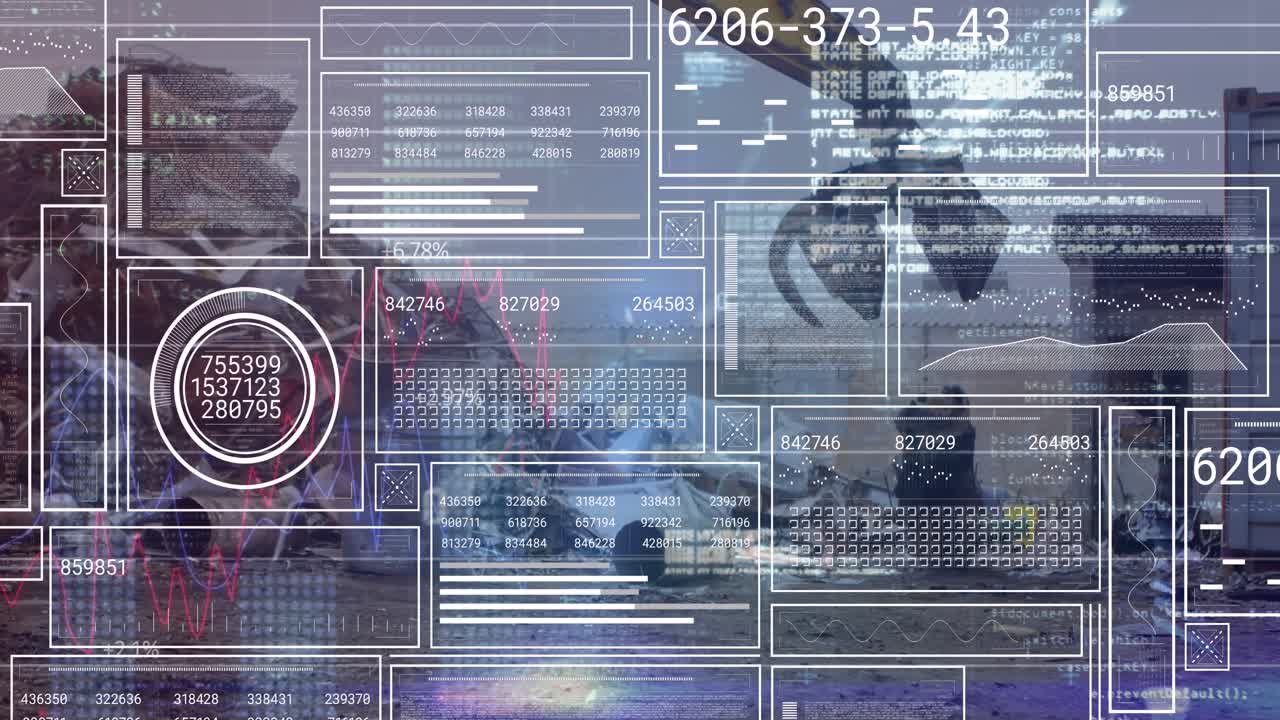 Animation of interface with data processing against hydraulic lifting machine operating in junkyard