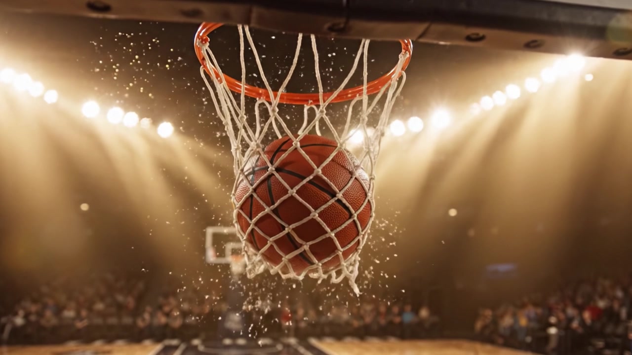 Scena dinamica di pallacanestro catturata in due fotogrammi che mostra l'intensità del gioco con il canestro e spettacolari effetti di luce