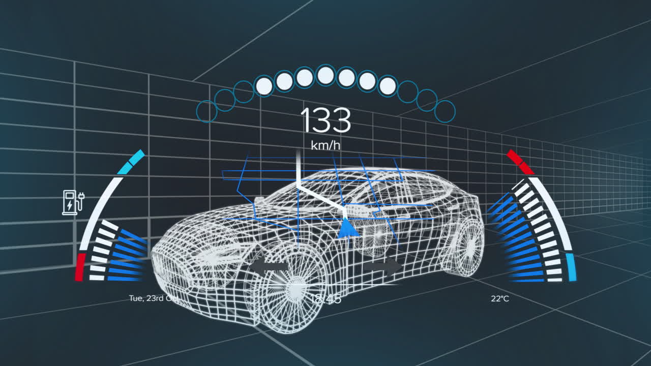 Digital wireframe of car with speed and temperature data overlay animation