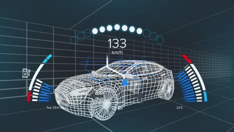 digital wireframe of car with speed and temperature data overlay animation