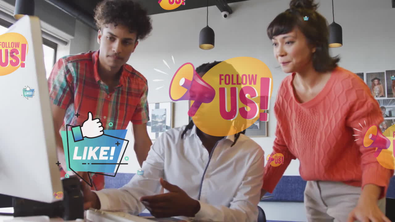 Animation of social media icons with text over diverse colleagues discussing work in office