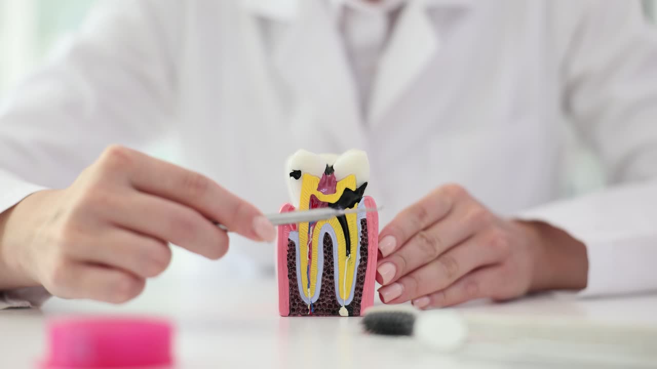 Close-up of a person demonstrating a dental model with a probe