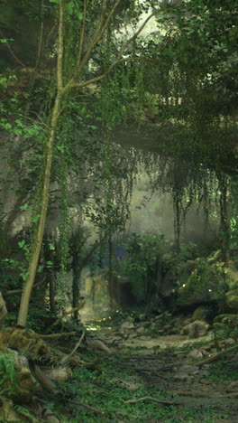 lush green forest with dense foliage and rocky formations in daylight