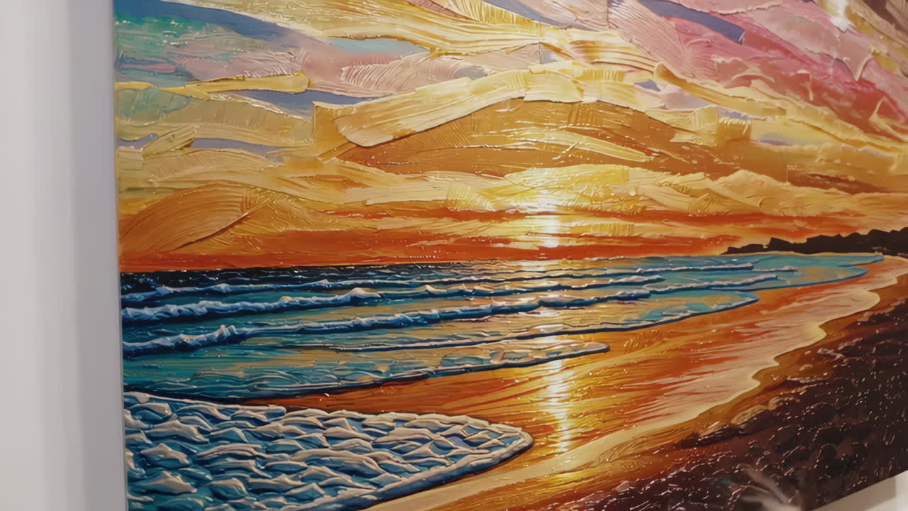 Close-up of a Textured Sunset Beach Painting with an Artist's Hand and Brushes