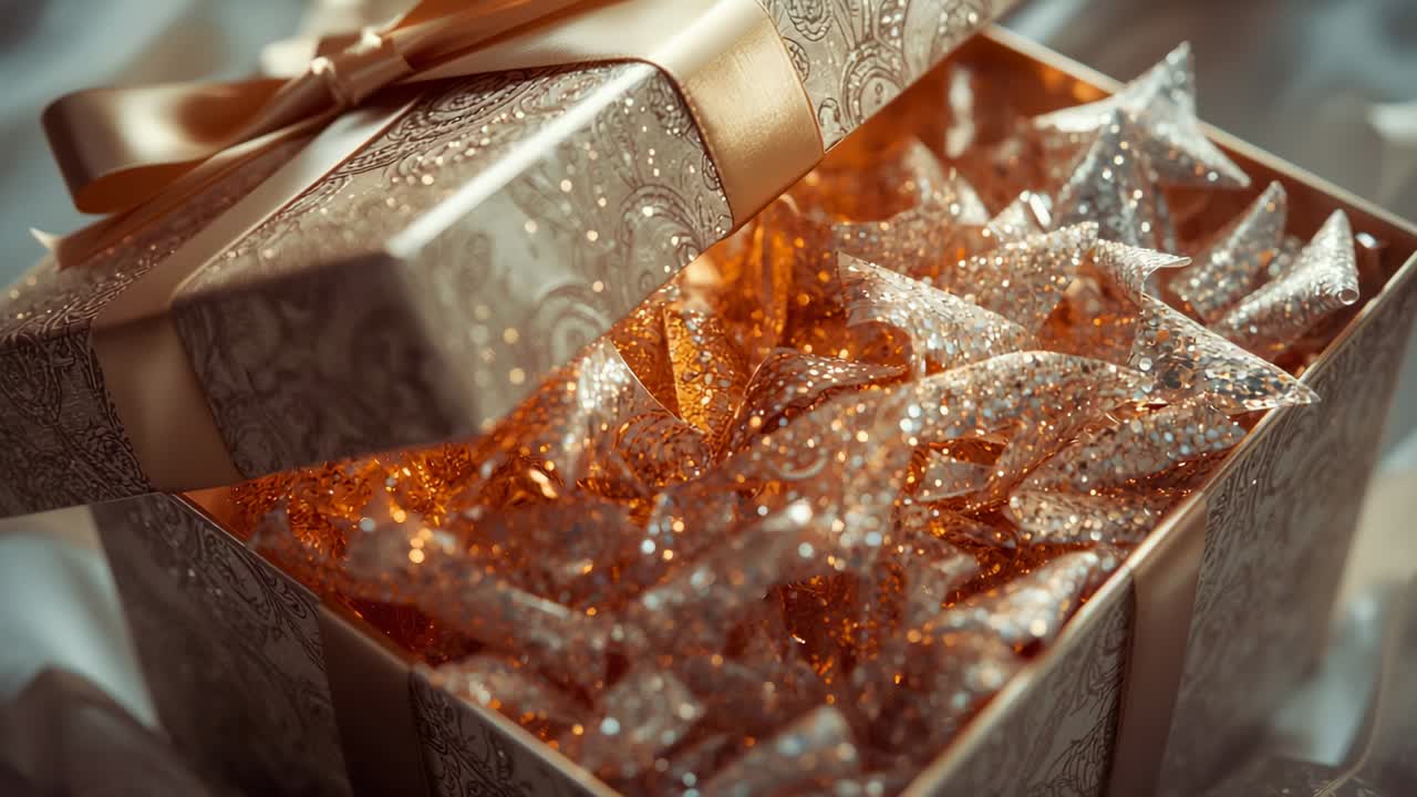 Camera panning ornate paisley gift box on tabletop, revealing gold ribbon and copper-silver tissue