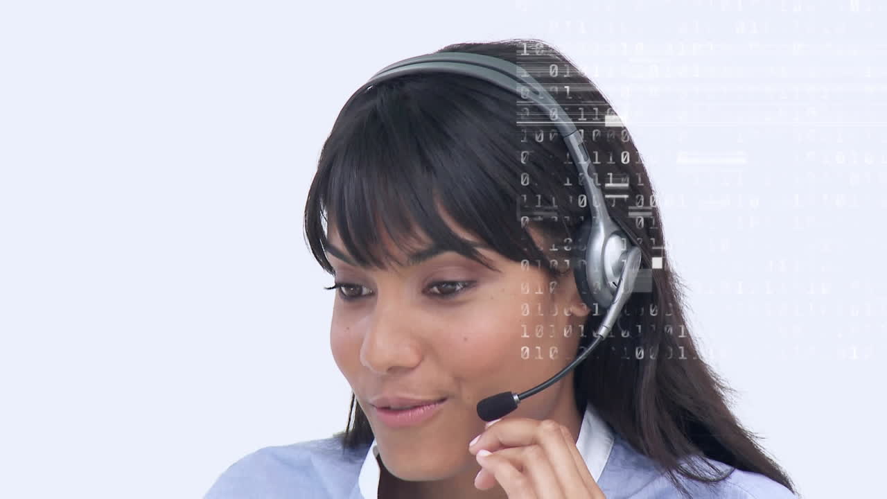 Animation of binary coding data processing over businesswoman using phone headset