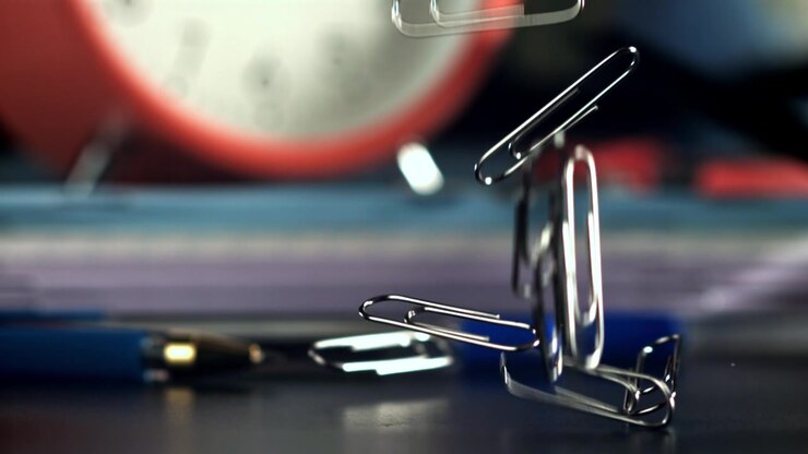 Paper clips falling onto an office desk in slow motion