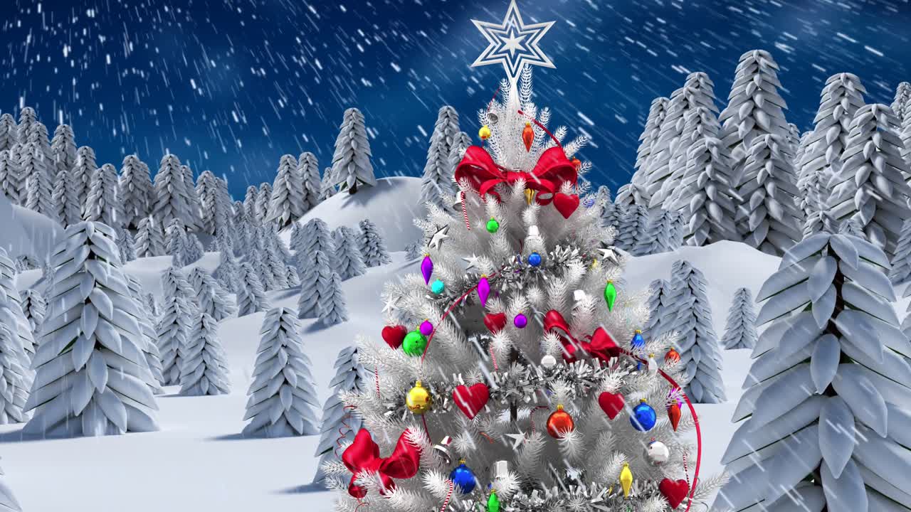 animación de paisaje de invierno con nevadas y árbol de navidad decorado sobre fondo azul