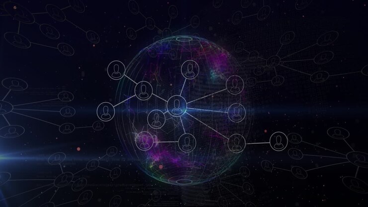 Animation of flowcharts of profile icons, lens flare and rotating globe against black background
