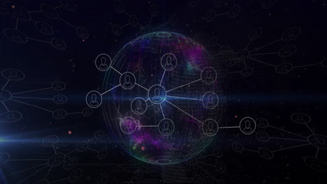 animación de diagramas de flujo de iconos de perfil, destello de la lente y globo giratorio contra un fondo negro