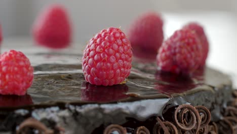 close up shot of chocolate cake topped with raspberries and garnished chocolate spirals rotating clockwise