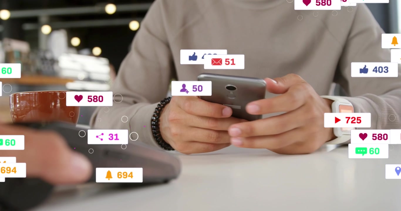 Animation of notification bars over caucasian man using cellphone and credit card reader on table
