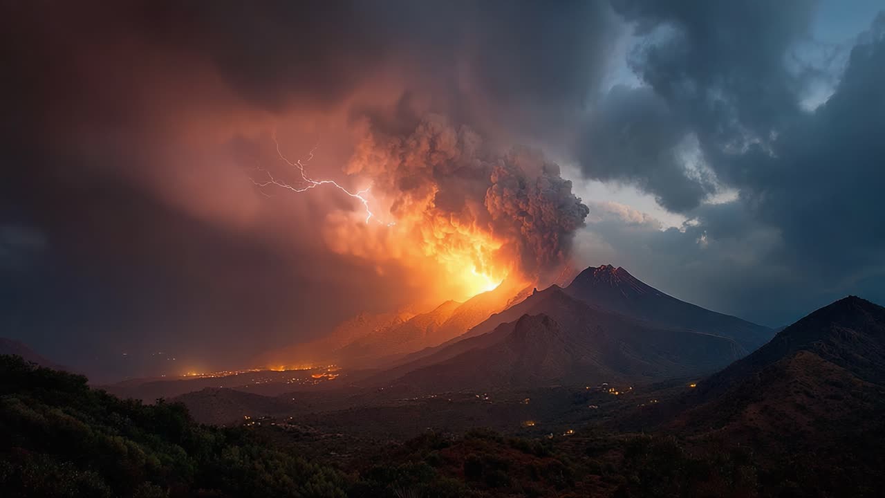 Uma Erupção Majestosa: Vistas Cativantes de uma Explosão Vulcânica com Raios Iluminando o Céu em Meio a Fumaça Espessa e Erupções Flamejantes