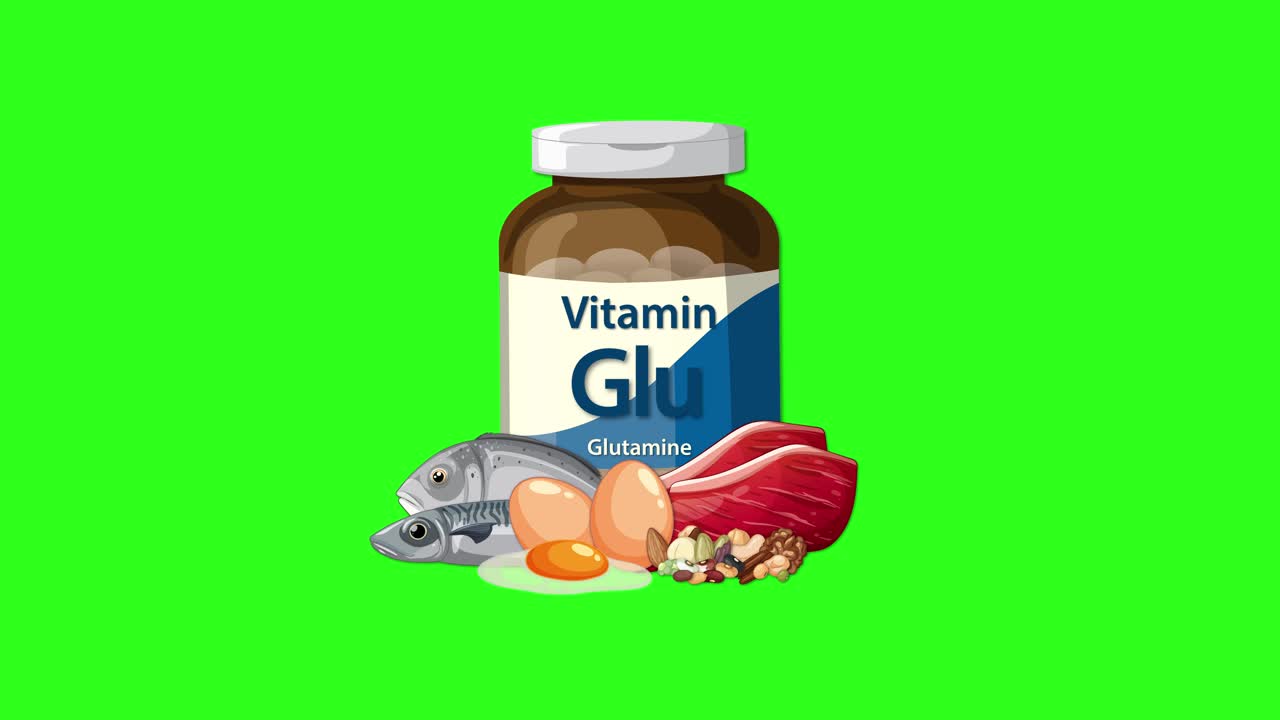 Glutamine supplement bottle appears with fish, eggs, meat, nuts, on vibrant green background, static camera