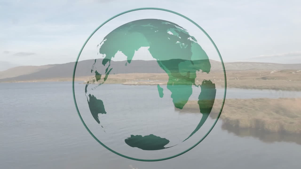 Green globe flat design illustration being visualized over calm lake, showing shore, cloudy hills