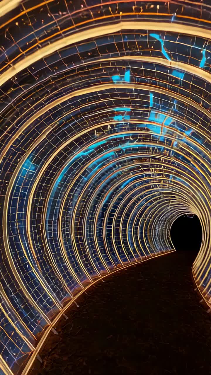 Vertical video: Camera entering LED tunnel moving through leaf-strewn path showing wireframe arches