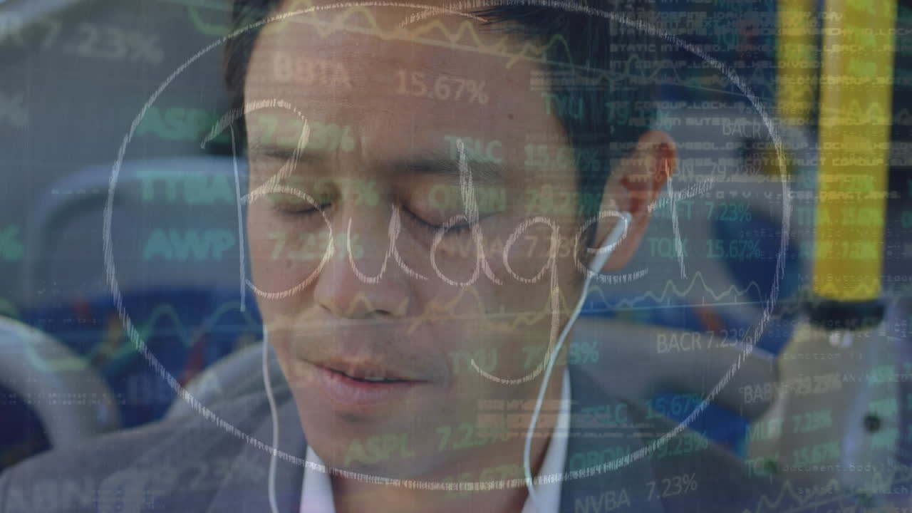 버스에 앉아있는 스트레스를 받은 아시아 사업가에 대한 예산 및 주식 시장 데이터 처리