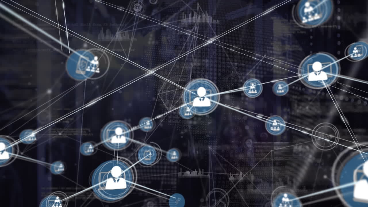 Animation of connected icons, globe and graph icons over server room in background