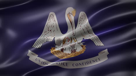 the flag of louisiana, pelican flag, full frame, front view, glossy, fluttering, elegant silky texture, waving in the wind, realistic 4k cg animation, sleek, movie-like look, seamless loop-able