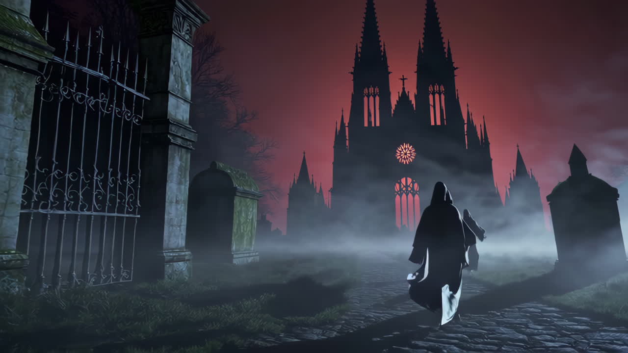 Mysterious Hooded Figures in a Misty Gothic Graveyard with Cathedral Backdrop