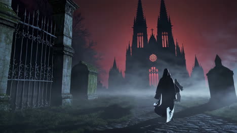 mysterious hooded figures in a misty gothic graveyard with cathedral backdrop