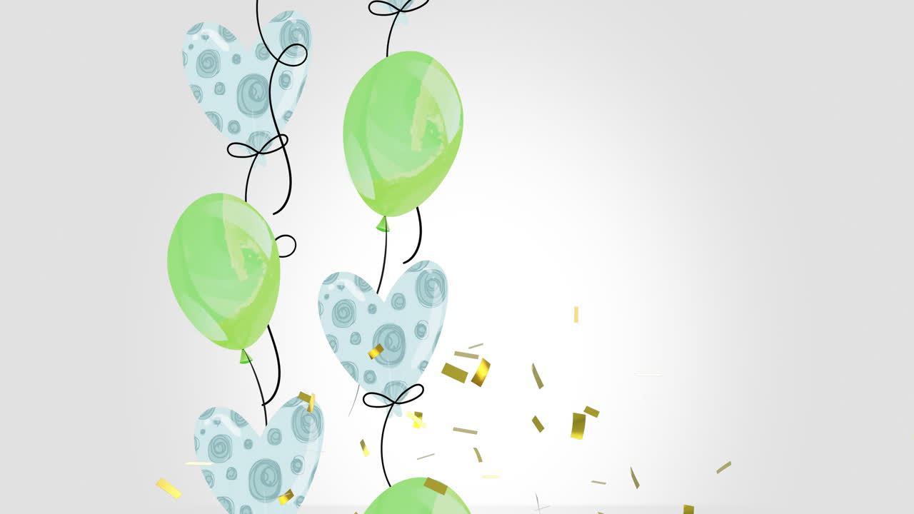 animación de confeti dorado cayendo sobre globos de fiesta con patrones verdes y azules en un fondo gris