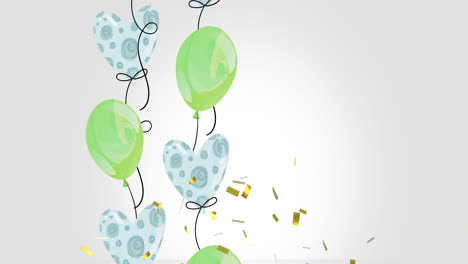 Animation-Von-Goldenem-Konfetti,-Das-über-Grün-Und-Blau-Gemusterte-Partyballons-Auf-Grauem-Hintergrund-Fällt