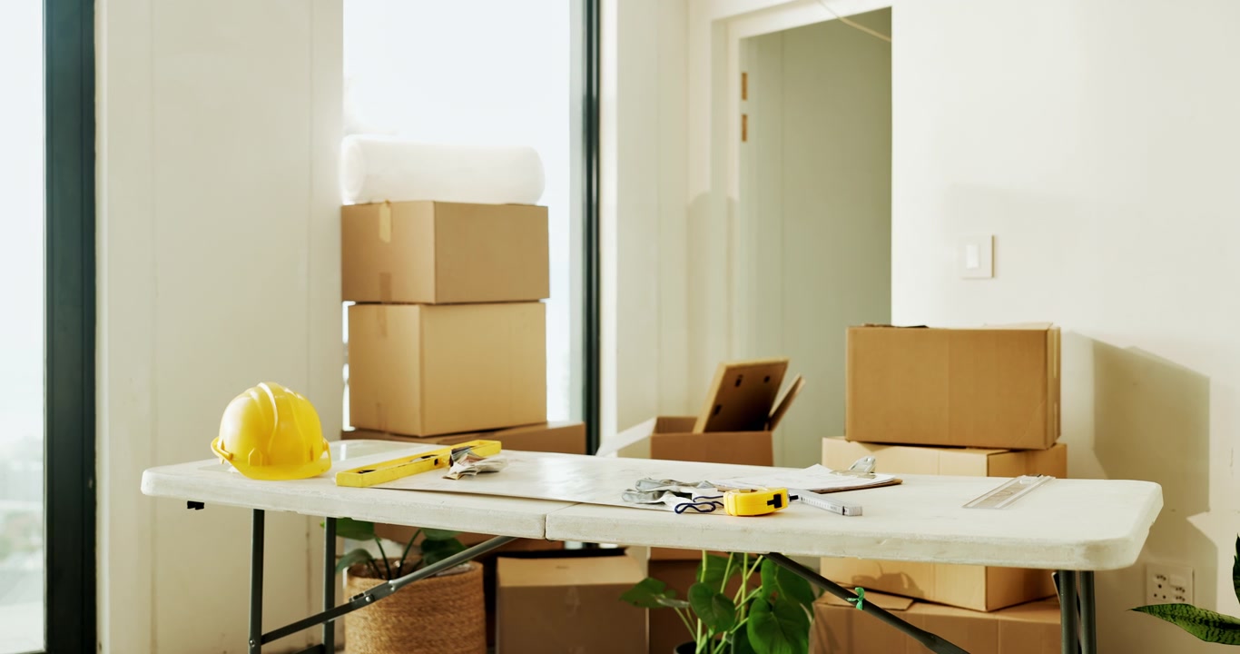 Construction Tools and Moving Boxes in an Empty Apartment