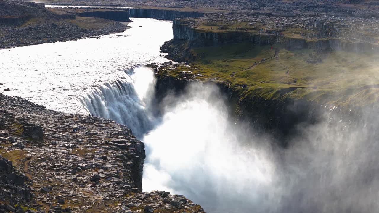 Aerial establishing shot of the world's most powerful Dettifoss waterfall, Iceland