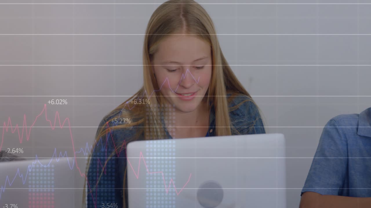 Teen female student typing and smiling, causing animated chart overlay across laptops for class
