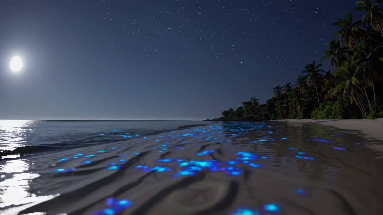 Glowing Plankton on a Tropical Beach at Night